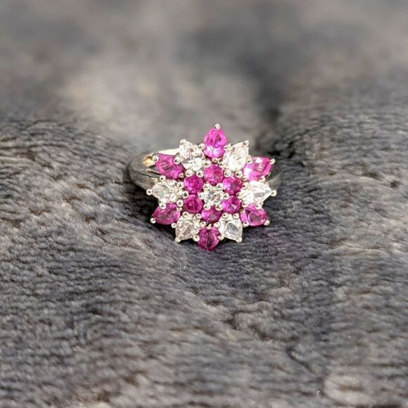 Vintage Pink & White Cubic Zirconia Ring  Rhodium Plated - Picture 3 of 13